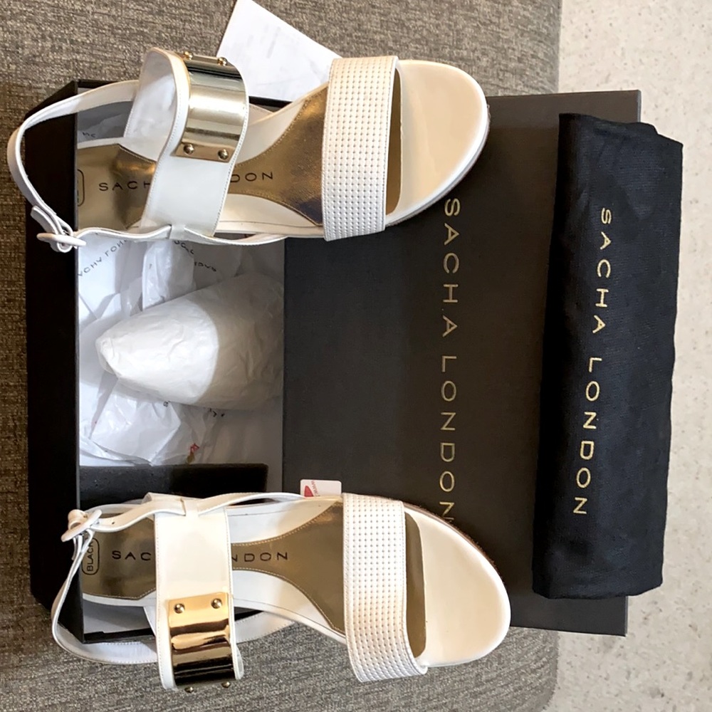 Sacha London white sandals with gold metallic.